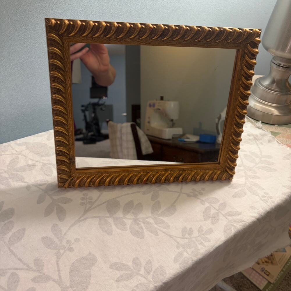Hollywood regency decor Vintage Gold Framed Ornate Tabletop Mirror Decor